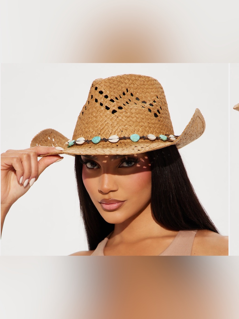 Woven Straw Cowgirl Hat with Turquoise Bead Trim